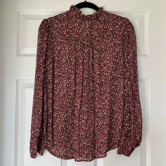 Ba&sh Pabi Printed Ruffle Neck Button-Front Blouse in Framboise, size 0 (XS) - Picture 7 of 9